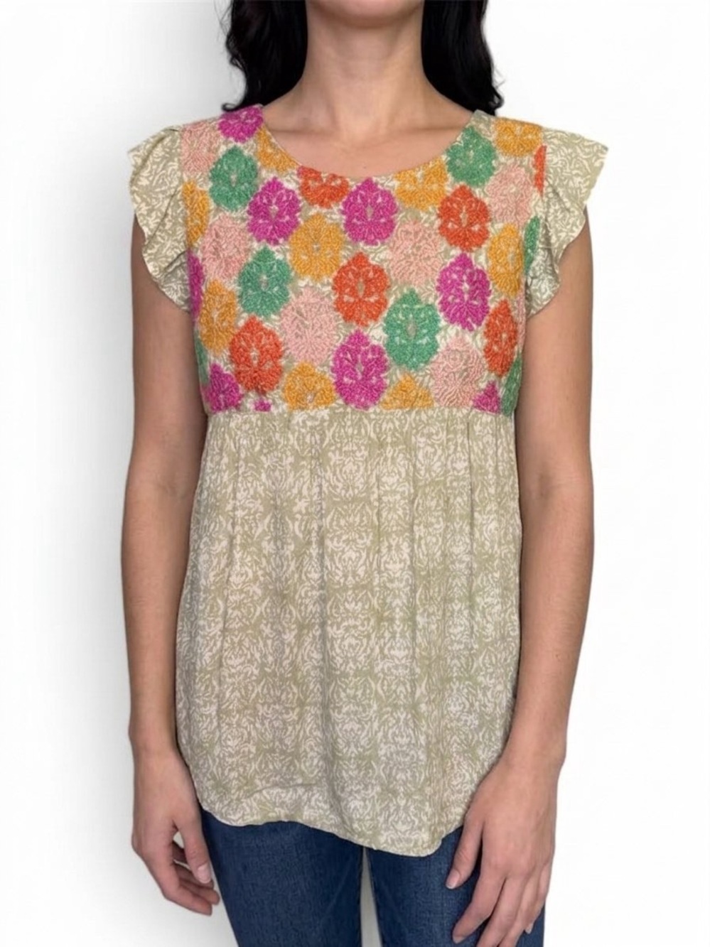 THML Sage Green Embroidered Flutter-Sleeve Mosaic Yoke Boho tassels NWT